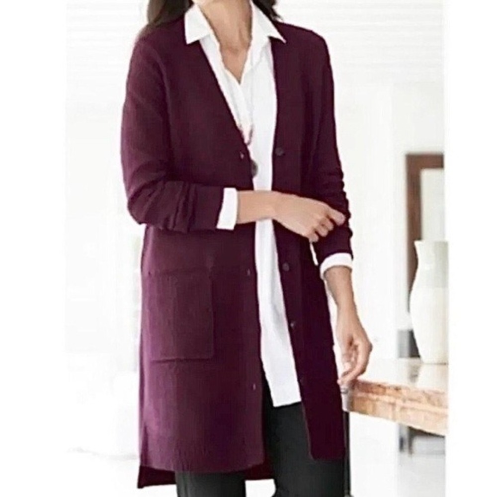 J.Jill Burgundy Port Long Cardigan Sweater Size XS Business Casual Cotton Preppy
